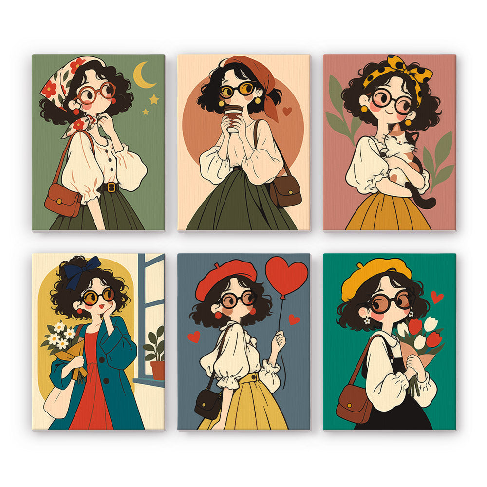 Round-Glasses Girls with Berets mini paint by numbers – Six curly-haired girls in round glasses and berets with satchels, a cat, coffee, a heart balloon and flowers
