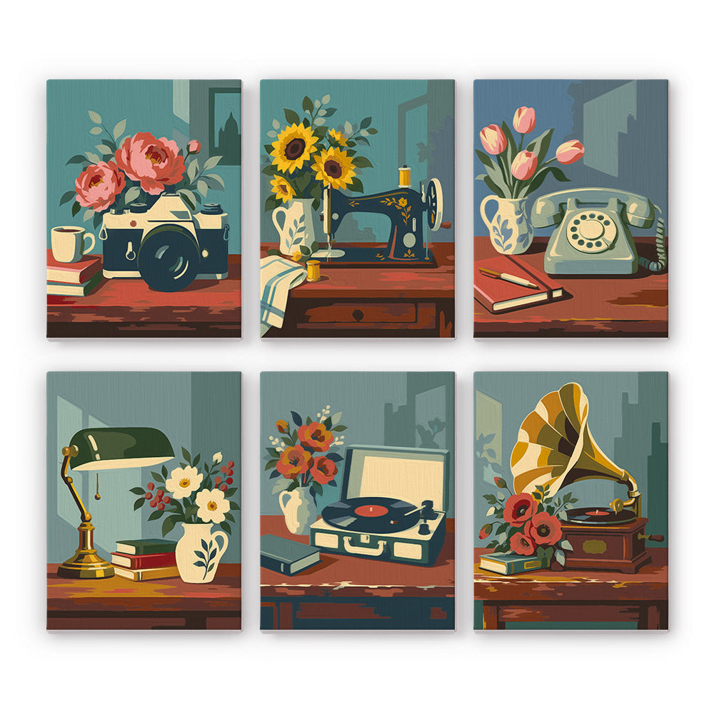 Gramophones and Garden Roses mini paint by numbers – Vintage camera, sewing machine, rotary phone, desk lamp, record player and gramophone beside fresh flowers
