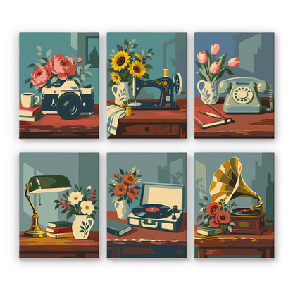 Gramophones and Garden Roses mini paint by numbers – Vintage camera, sewing machine, rotary phone, desk lamp, record player and gramophone beside fresh flowers