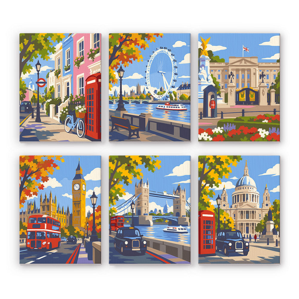 Red Buses and Autumn London mini paint by numbers – Six autumn London scenes: pastel terraces, a big wheel, a palace, Big Ben with red buses, Tower Bridge and St Paul's
