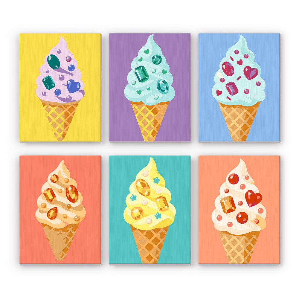 Gem-Studded Soft Serve Cones mini paint by numbers – Six soft serve ice cream cones studded with colorful jewels on bright pastel backgrounds