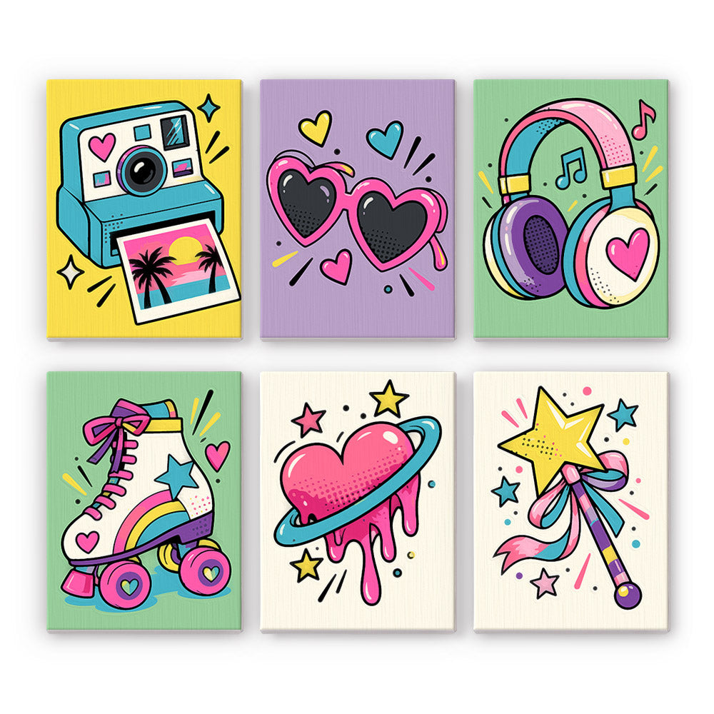 Heart Shades and Roller Skates mini paint by numbers – Six pop sticker prints: an instant camera, heart sunglasses, headphones, a roller skate, a heart and a star wand