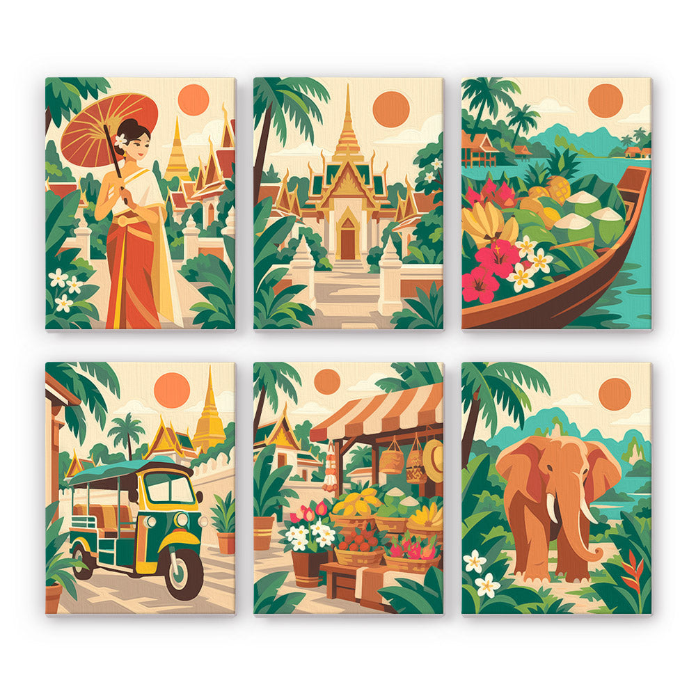Tuk-Tuks, Temples and Elephants mini paint by numbers – Six Thai scenes: a woman with a parasol, a golden temple, a fruit boat, a tuk-tuk, a flower market and an elephant