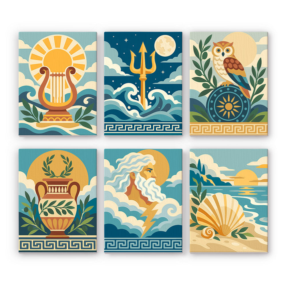 Lyre, Trident and Wise Owl mini paint by numbers – Six ancient Greek symbols with key borders: a sun lyre, a trident in waves, an owl, an amphora, a sea god and a shell