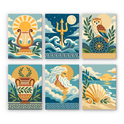 Lyre, Trident and Wise Owl mini paint by numbers – Six ancient Greek symbols with key borders: a sun lyre, a trident in waves, an owl, an amphora, a sea god and a shell
