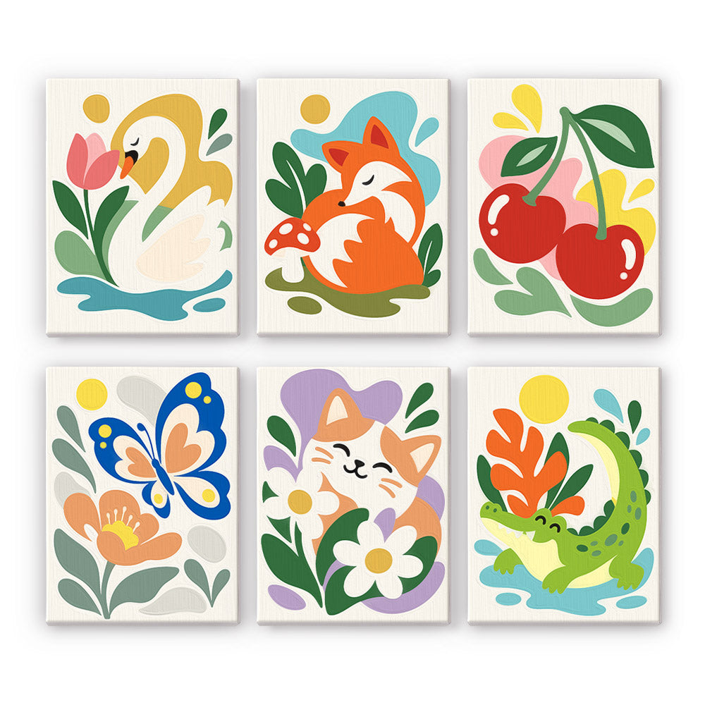 Swan, Fox and Cheeky Crocodile mini paint by numbers – Six cheerful prints on cream: a swan with tulips, a fox, cherries, a butterfly, a cat in daisies and a crocodile