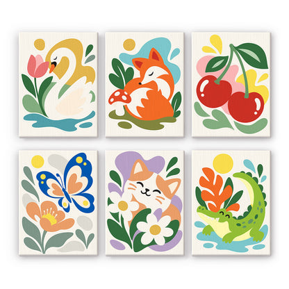 Swan, Fox and Cheeky Crocodile mini paint by numbers – Six cheerful prints on cream: a swan with tulips, a fox, cherries, a butterfly, a cat in daisies and a crocodile