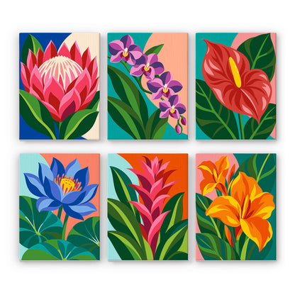 Protea, Orchid and Anthurium mini paint by numbers – Six vivid tropical flowers: a protea, orchids, an anthurium, a blue lotus, a bromeliad and an orange lily