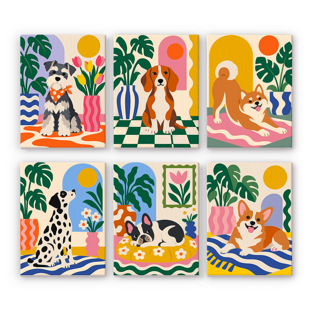 Dalmatian and Frenchie at Home mini paint by numbers – Six dogs lounging at home with plants: a schnauzer, a beagle, a shiba, a dalmatian, a French bulldog and a corgi