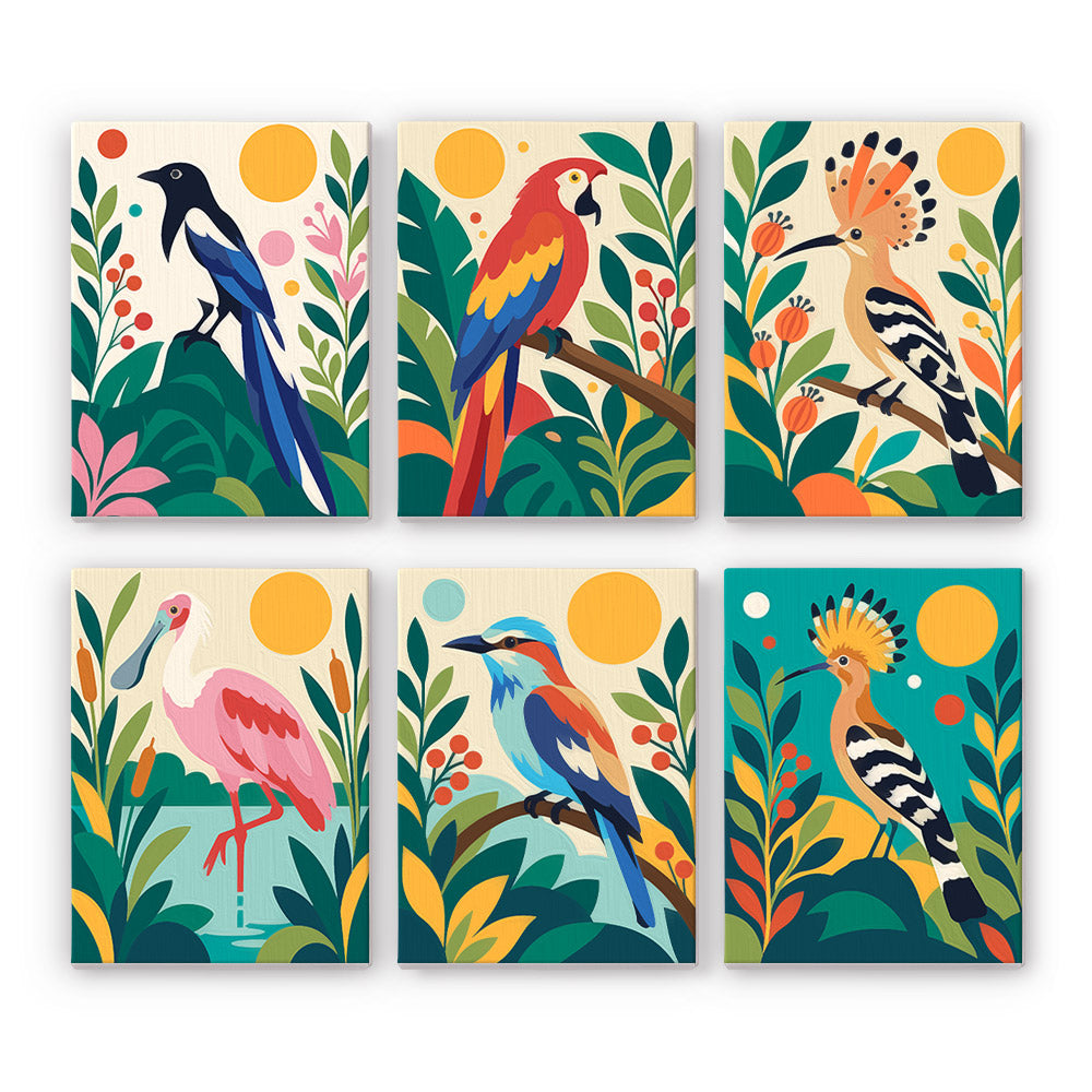 Hoopoe, Macaw and Spoonbill mini paint by numbers – Six tropical birds among leaves: a magpie, a scarlet macaw, hoopoes, a pink spoonbill and a bright roller