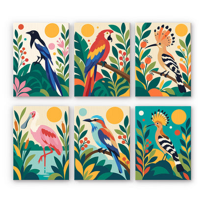 Hoopoe, Macaw and Spoonbill mini paint by numbers – Six tropical birds among leaves: a magpie, a scarlet macaw, hoopoes, a pink spoonbill and a bright roller