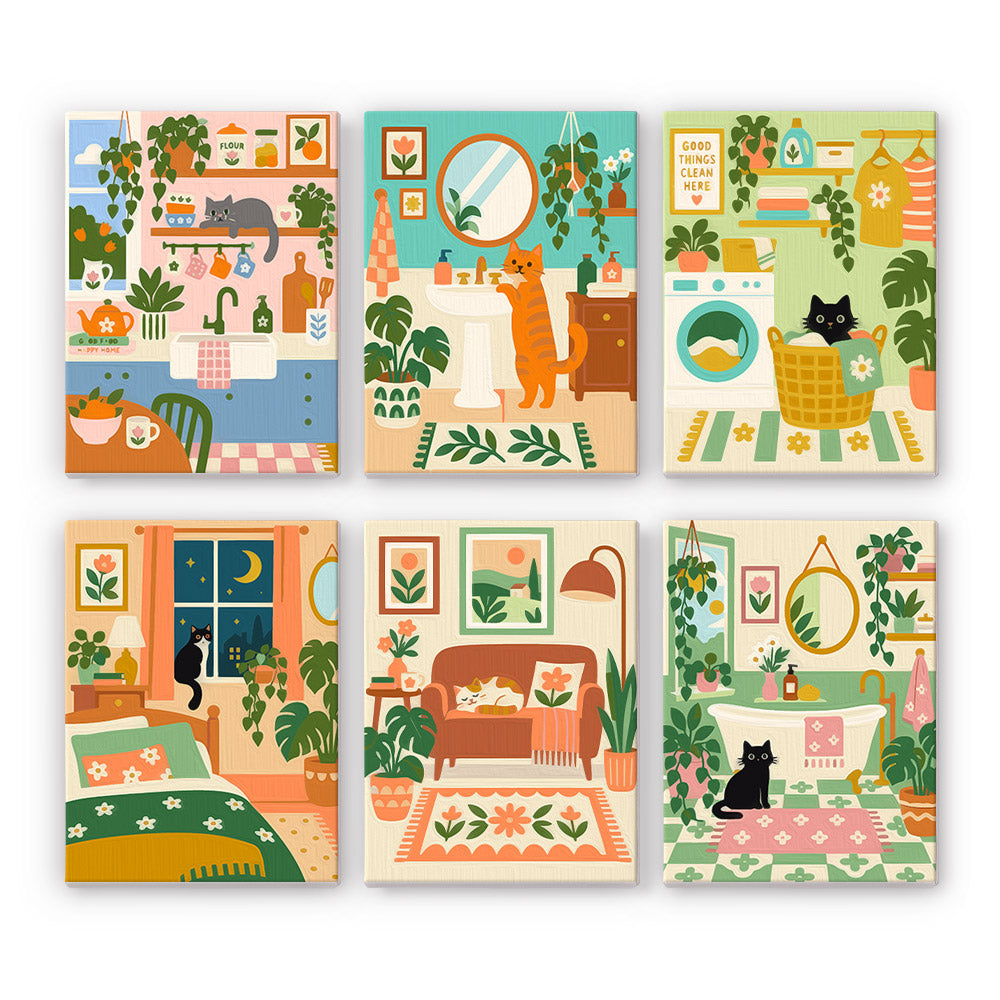 Cats in Plant-Filled Rooms mini paint by numbers – Six cozy rooms with cats: a plant-filled kitchen, a bathroom, a laundry room, a moonlit bedroom, a sofa and a bathtub
