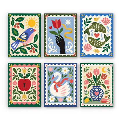 Bluebird, Swan and Twin Fish mini paint by numbers – Six folk-art stamp prints: a bluebird, a hand holding a tulip, two fish, an apple, a swan and a vase of tulips