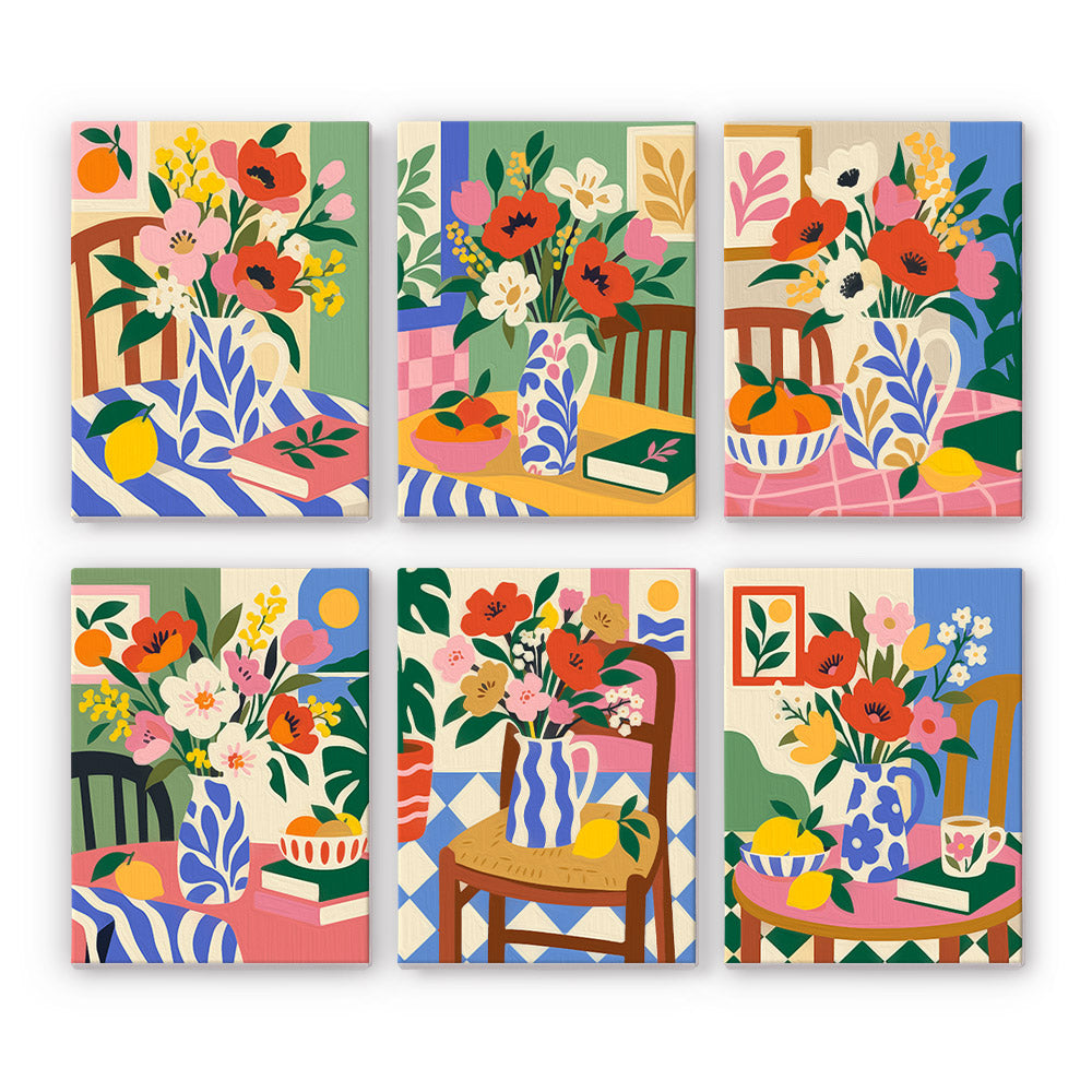 Poppies on Patterned Tables mini paint by numbers – Six colorful still lifes of poppy bouquets on patterned tables with chairs, fruit bowls, books and oranges