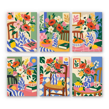 Poppies on Patterned Tables mini paint by numbers – Six colorful still lifes of poppy bouquets on patterned tables with chairs, fruit bowls, books and oranges