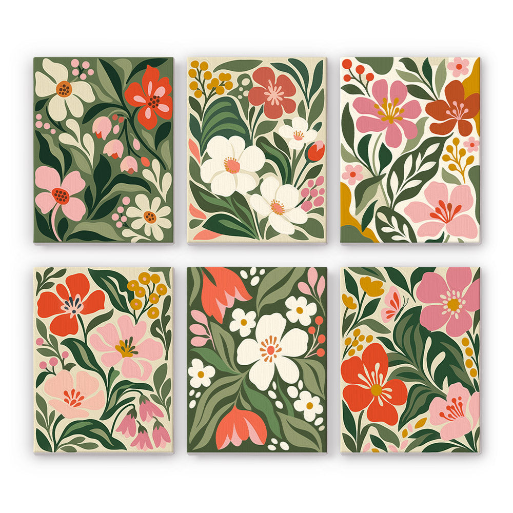 Dense Blooms on Forest Green mini paint by numbers – Six dense vintage floral patterns of pink, coral, red and cream blossoms on deep green leaves