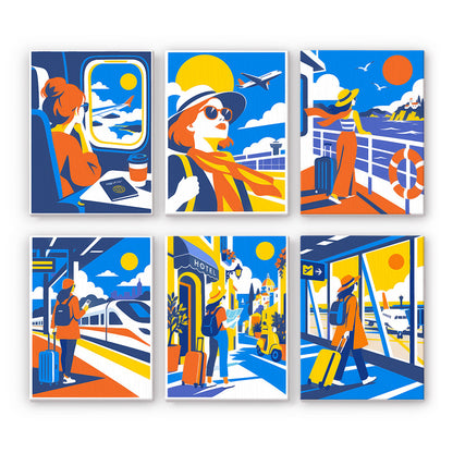 Train Windows and Airport Gates mini paint by numbers – Six bold blue and orange travel scenes of a woman on a train, at an airport, on a ferry deck and wheeling a suitcase