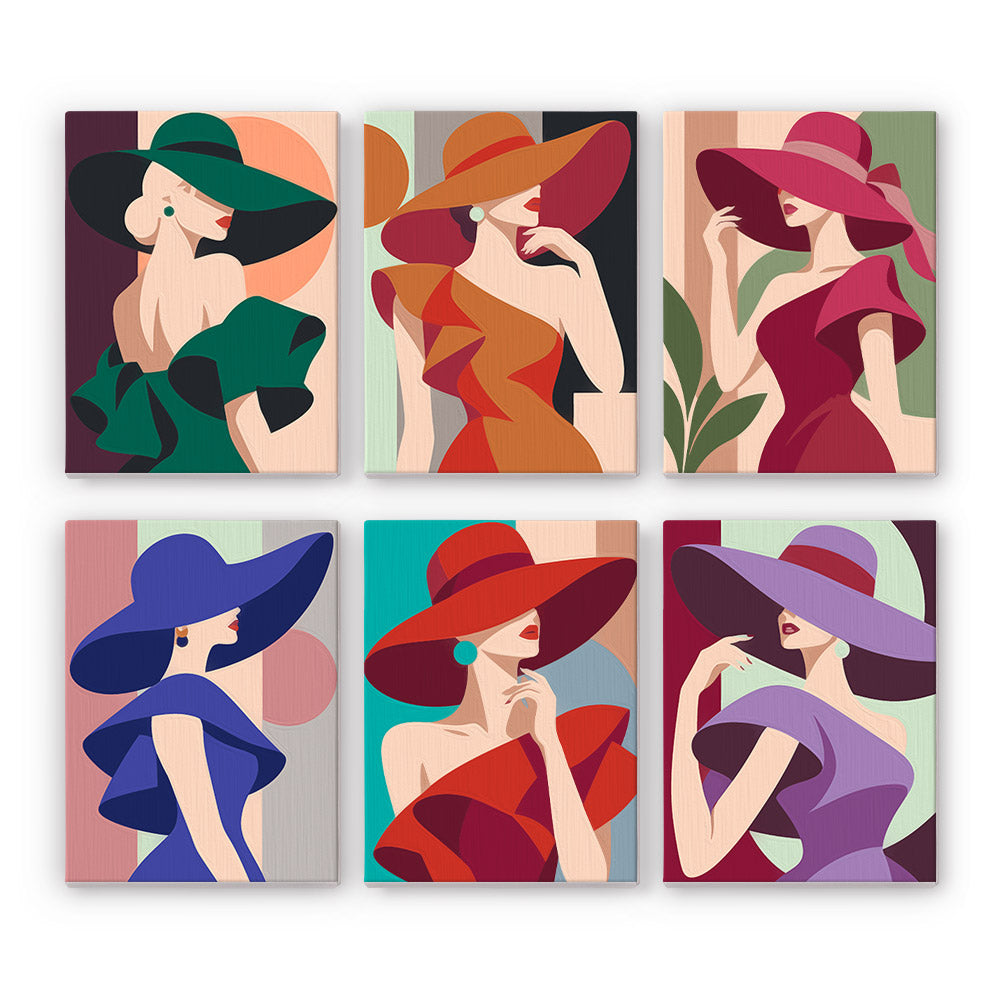 Faceless Ladies in Bold Brims mini paint by numbers – Six faceless women in sweeping wide-brim hats and dresses of green, orange, red, blue and purple