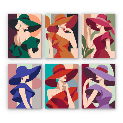Faceless Ladies in Bold Brims mini paint by numbers – Six faceless women in sweeping wide-brim hats and dresses of green, orange, red, blue and purple
