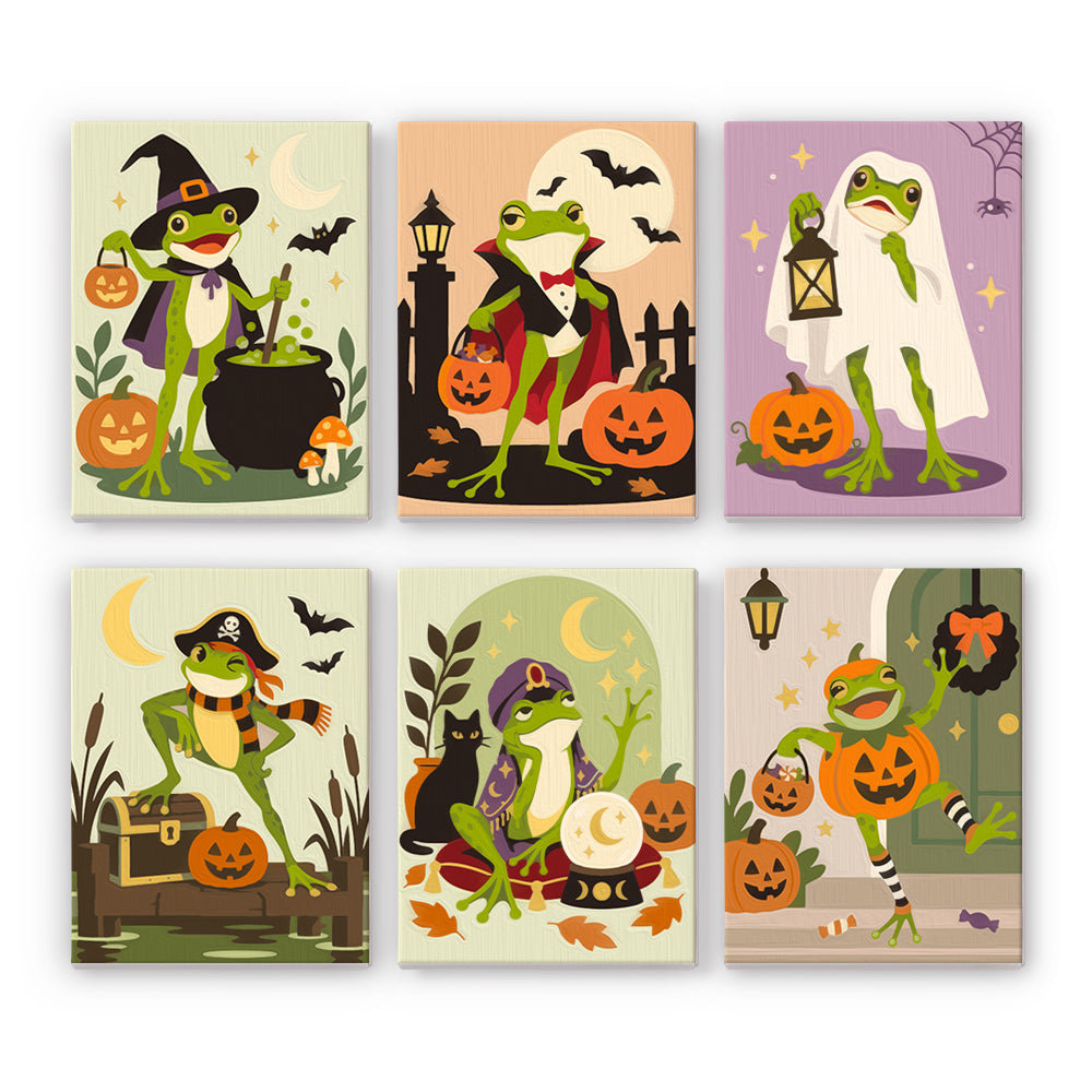 Witch and Vampire Frog Costumes mini paint by numbers – Six frogs in Halloween costumes: a witch with a cauldron, a vampire, a ghost, a pirate, a wizard and a pumpkin dancer