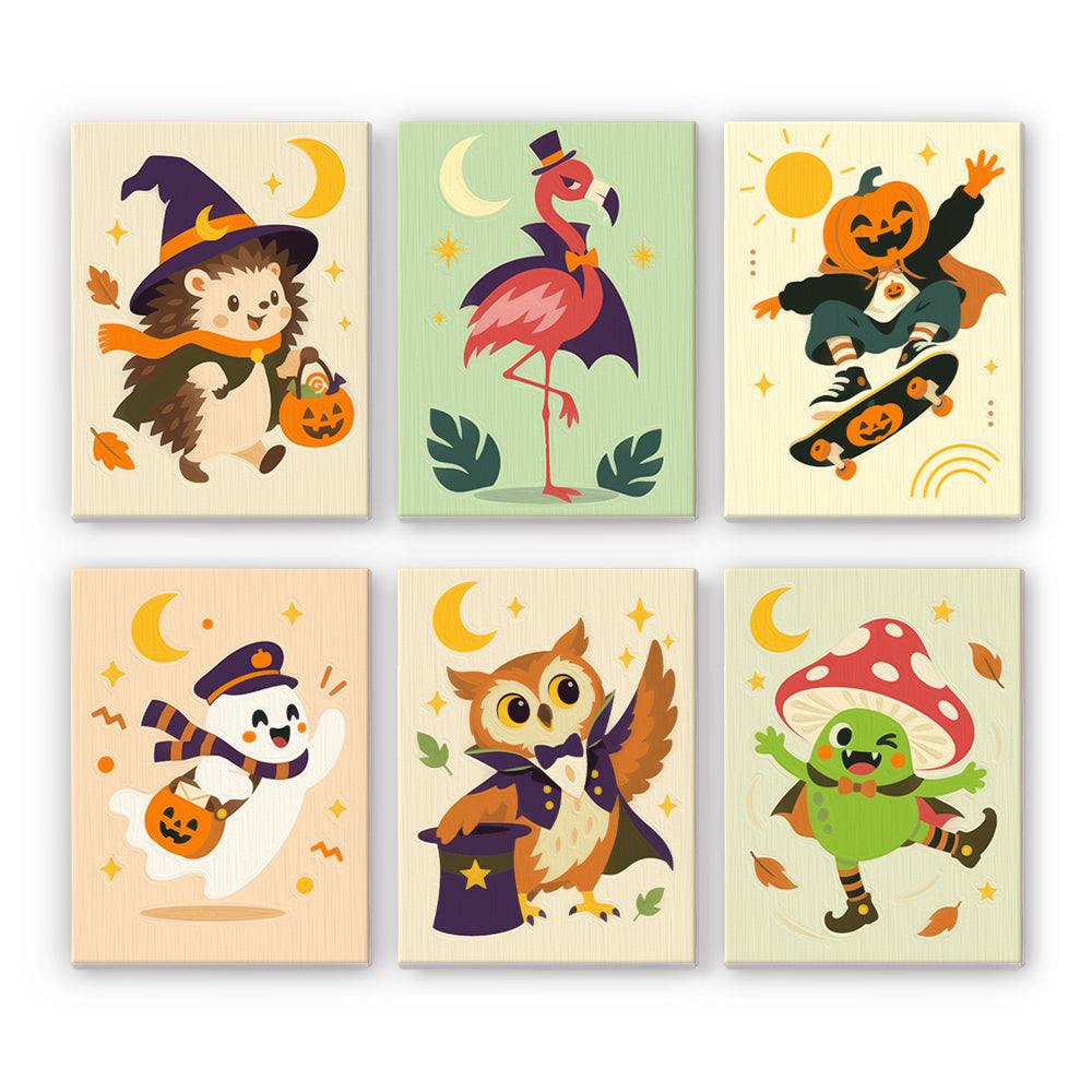 Flamingo Witch and Skater Pumpkin mini paint by numbers – Halloween party pals: hedgehog witch, flamingo, skateboarding pumpkin, ghost, wizard owl and mushroom sprite