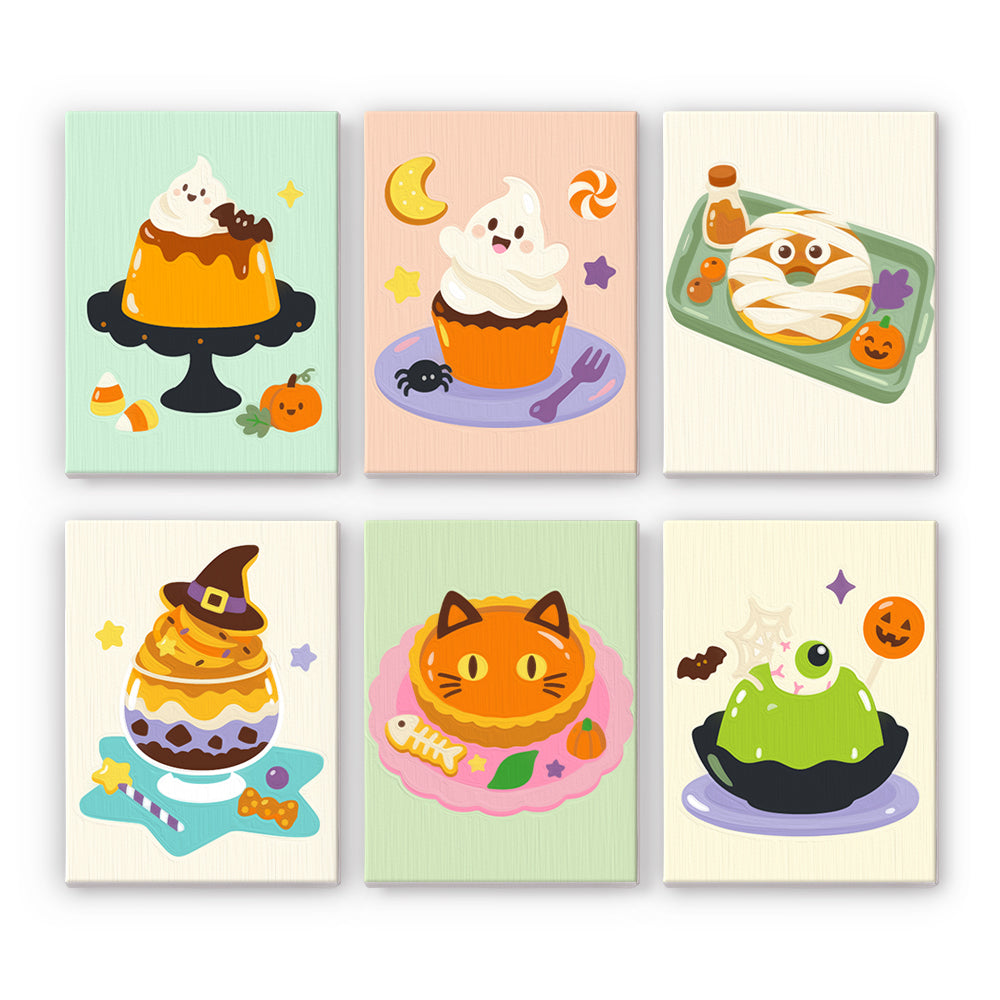 Ghost Pudding and Mummy Toast mini paint by numbers – Halloween treats: ghost pudding, ghost cupcake, mummy toast, witch hat sundae, cat pancake and eyeball jelly