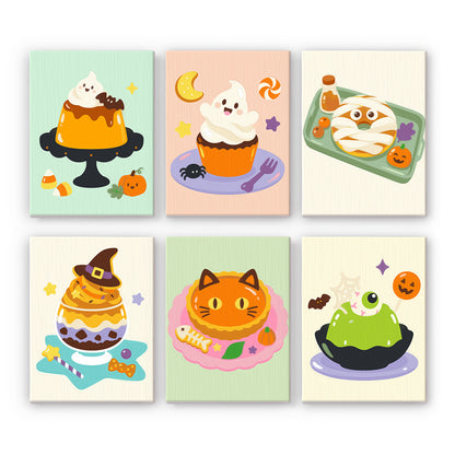 Ghost Pudding and Mummy Toast mini paint by numbers – Halloween treats: ghost pudding, ghost cupcake, mummy toast, witch hat sundae, cat pancake and eyeball jelly