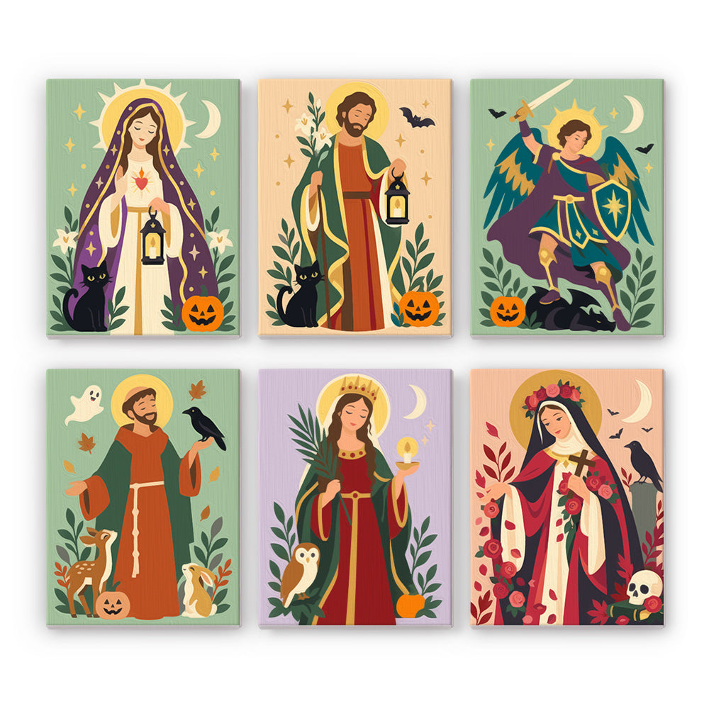 All Hallows Saints and Black Cats mini paint by numbers – Haloed saints with cats and owls: Mary, a bearded saint, an archangel, a friar, a saint with an owl and a nun