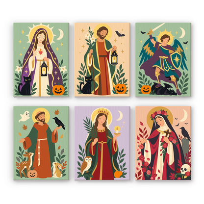 All Hallows Saints and Black Cats mini paint by numbers – Haloed saints with cats and owls: Mary, a bearded saint, an archangel, a friar, a saint with an owl and a nun