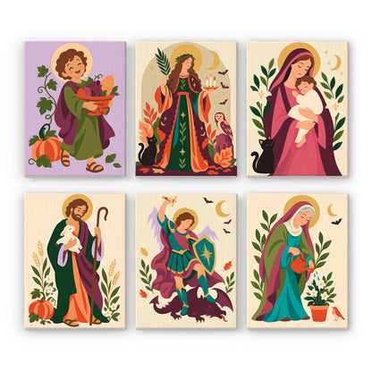 Madonna and Saints at Harvest mini paint by numbers – Six haloed saints among pumpkins: a child with a basket, Mary, Madonna and Child, a shepherd and an archangel