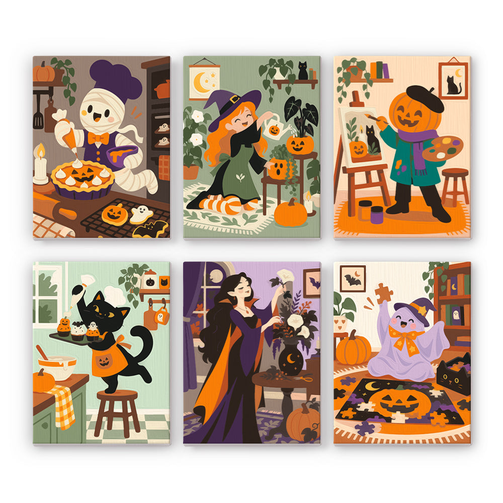 Ghost Baker and Pumpkin Painter mini paint by numbers – Cozy Halloween scenes: a ghost baking pie, a witch with plants, a pumpkin-head painter, a cat cook and a reading witch