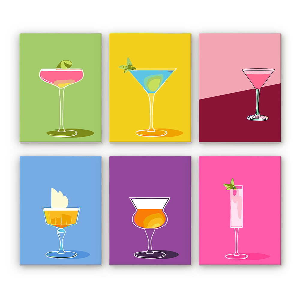 Martini Glasses on Color Blocks mini paint by numbers – Single cocktail glasses, martinis and a flute, on flat green, yellow, pink, blue and purple backgrounds