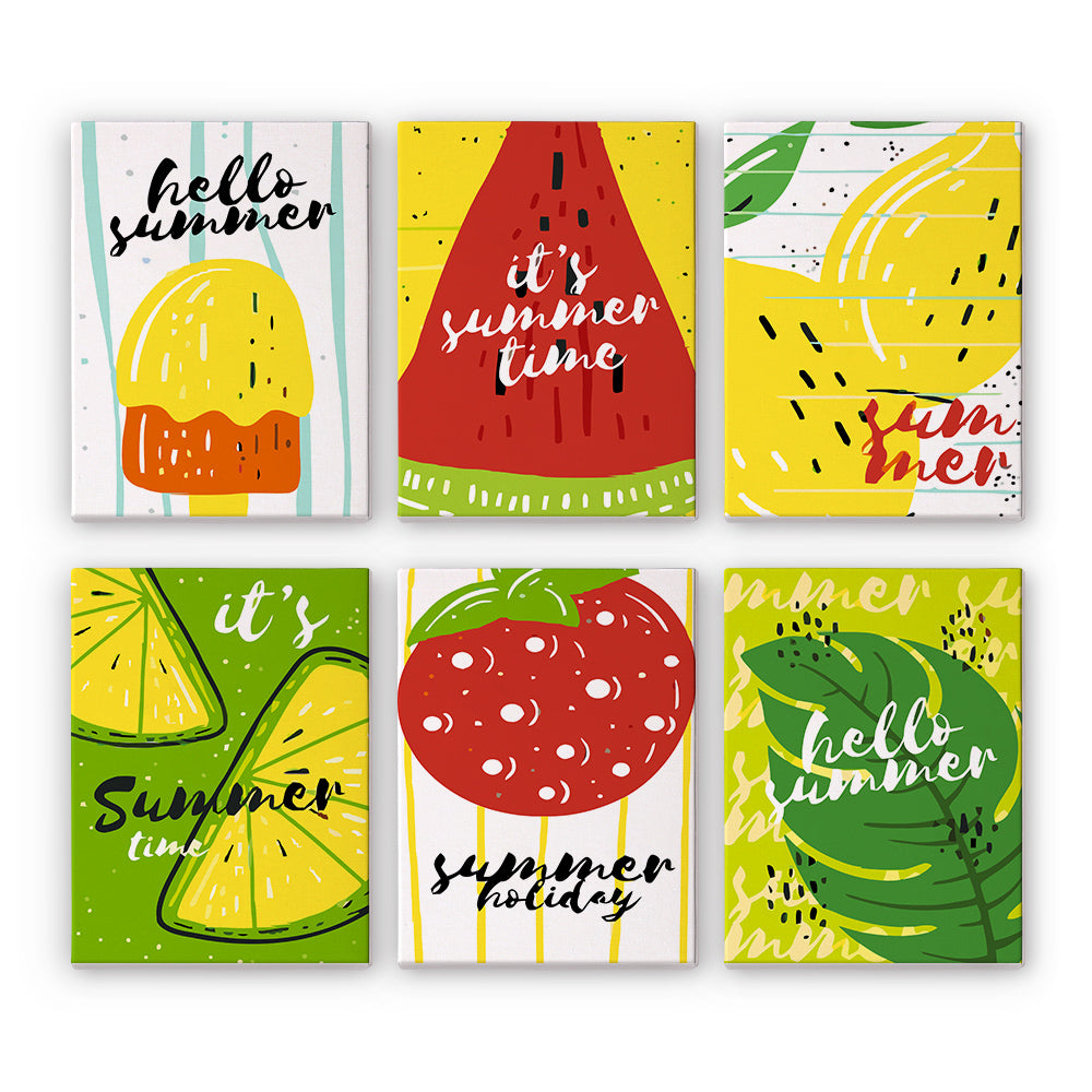 Citrus and Melon Summer Script mini paint by numbers – Bright lemon, lime, watermelon and strawberry close-ups with Hello Summer and Summer Time script lettering