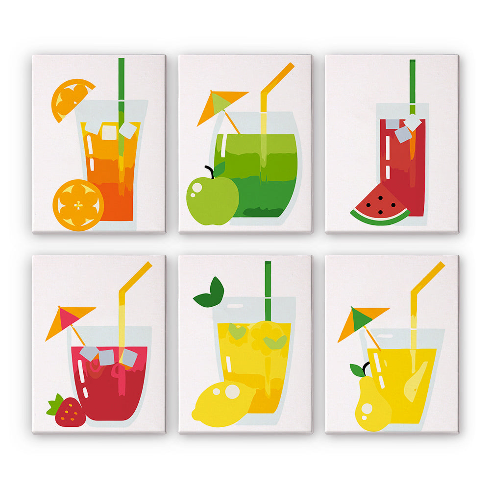 Flat Fruit Juices with Umbrellas mini paint by numbers – Flat-style glasses of orange, apple, watermelon, strawberry, lemon and pear juice with straws and umbrellas