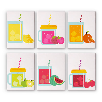 Striped Straw Fruit Jar Mugs mini paint by numbers – Handled jar mugs of lemon, strawberry, orange, apple, watermelon and cherry drinks with striped straws