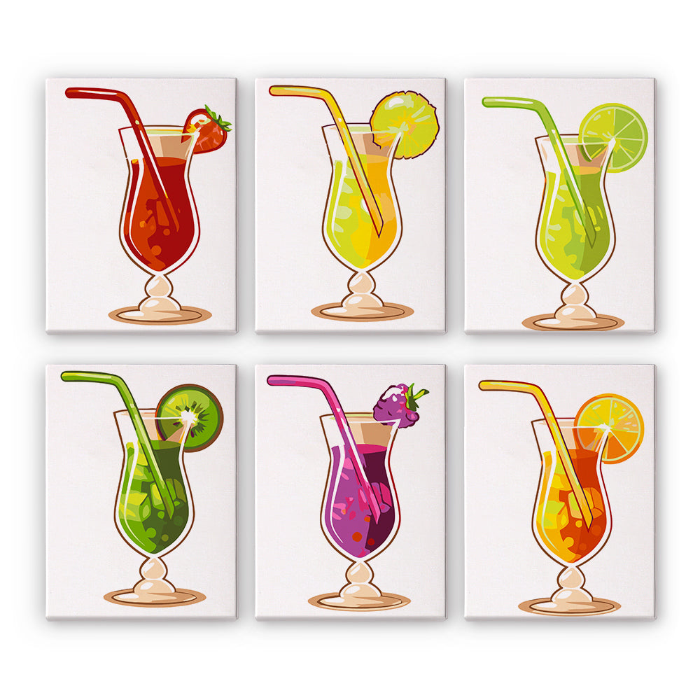 Hurricane Glass Fruit Cocktails mini paint by numbers – Curvy stemmed cocktails in red, yellow, green, purple and orange with bendy straws and fruit garnishes