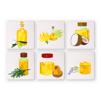 Golden Herbal Oil Bottles mini paint by numbers – Golden oil bottles and jars beside olives, ylang-ylang flowers, coconut, rosemary, walnuts and lavender