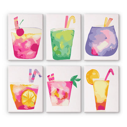 Pastel Pink Lemonade Glasses mini paint by numbers – Soft pastel pink, mint, lavender and yellow fruit drinks with cherries, lemon slices and striped straws
