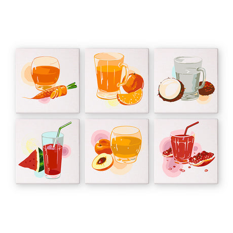 Garden Fresh Pressed Juices mini paint by numbers – Glasses of carrot, orange, coconut, watermelon, peach and pomegranate juice beside their fresh fruit