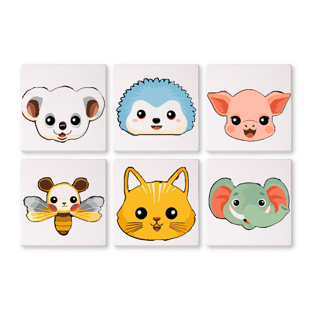 Hedgehog and Honeybee Faces mini paint by numbers – Cartoon faces of a white koala, blue hedgehog, pink piglet, bumblebee, ginger cat and green elephant