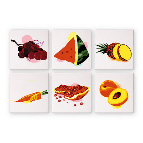Pink-Splashed Fruit and Carrot mini paint by numbers – Simple painted grapes, watermelon wedge, pineapple, carrot, split pomegranate and peach with pink splashes