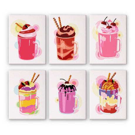 Cherry-Topped Milkshake Mugs mini paint by numbers – Milkshakes in glass mugs piled with whipped cream, cherries, wafers and sprinkles in pink, chocolate and rainbow