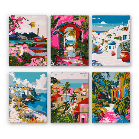 Blossom Pagoda and Seaside Towns mini paint by numbers – Bright travel scenes: pagoda in blossom, pink sea arch, white Greek village, cliffs and palm-lined towns