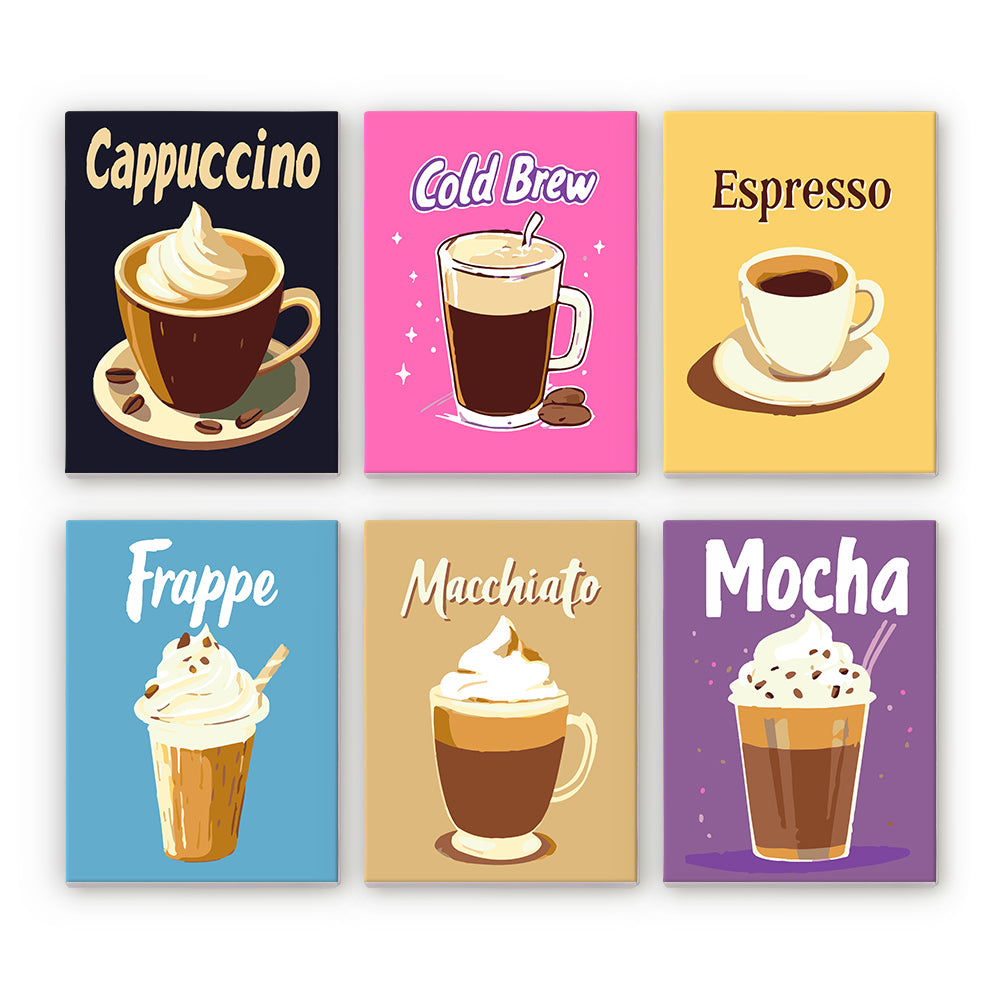 Cappuccino to Mocha Café Prints mini paint by numbers – Coffee menu posters of a cappuccino, cold brew, espresso, frappe, macchiato and mocha on bright colours