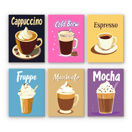 Cappuccino to Mocha Café Prints mini paint by numbers – Coffee menu posters of a cappuccino, cold brew, espresso, frappe, macchiato and mocha on bright colours