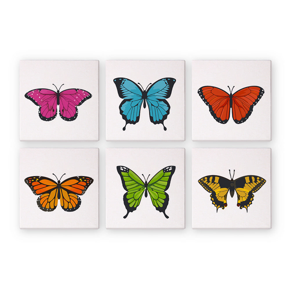 Monarch, Morpho and Swallowtail mini paint by numbers – Six square butterfly studies on white: pink, blue morpho, red, monarch, green and yellow swallowtail wings