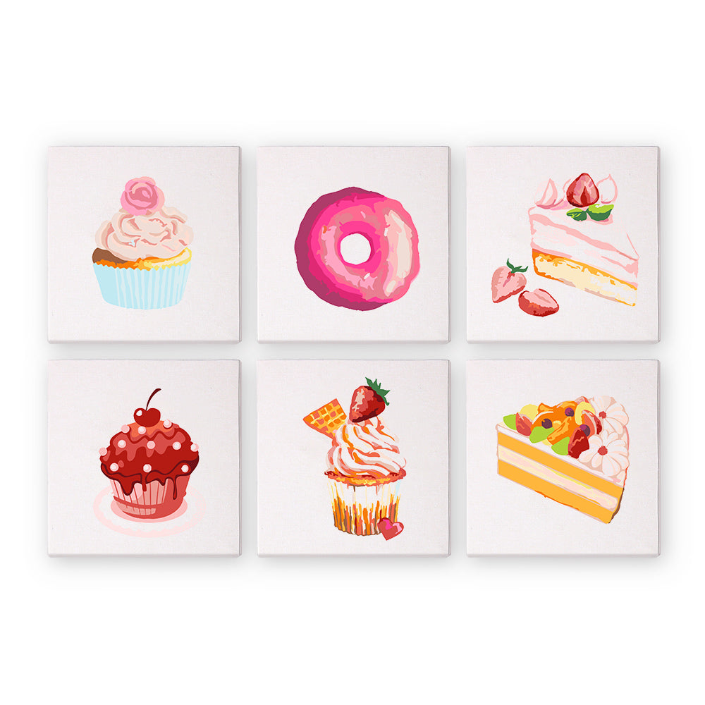 Pink Donut and Cherry Cupcake mini paint by numbers – Six pink sweets: a frosted cupcake, a donut, a strawberry cake slice, a cherry cupcake, a berry cupcake and fruit cake