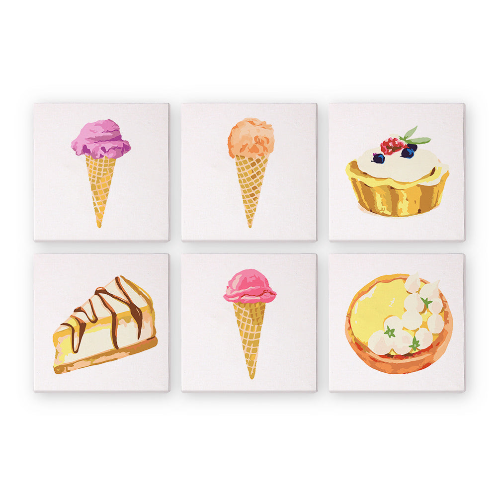 Ice Cream Cones and Lemon Tart mini paint by numbers – Six watercolor desserts on white: pink and peach ice cream cones, a berry tart, caramel cheesecake and a lemon tart