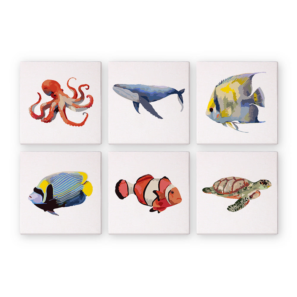 Octopus, Whale and Sea Turtle mini paint by numbers – Six watercolor sea creatures: an octopus, a blue whale, an angelfish, a blue tang, a clownfish and a sea turtle