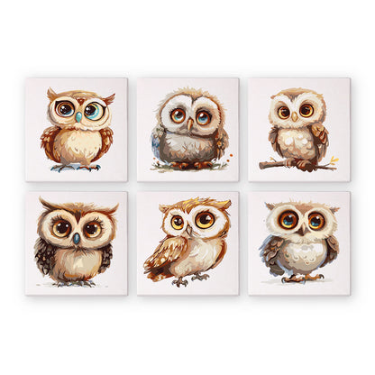 Big-Eyed Fluffy Owlets mini paint by numbers – Six fluffy brown baby owls with huge round eyes, perched on little branches